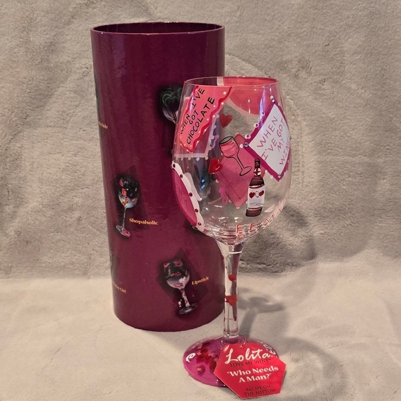 Lolita Other - Lolita Who Needs A Man Hand Painted Wine Glass with Recipe and Gift Box Pink Red